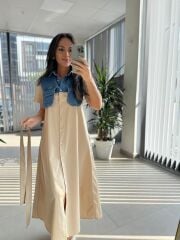 Dr 8268 Denim Cep Detaylı Bej Poplin Gömlek Elbise