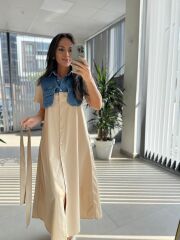 Dr 8268 Denim Cep Detaylı Bej Poplin Gömlek Elbise