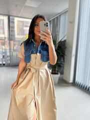 Dr 8268 Denim Cep Detaylı Bej Poplin Gömlek Elbise