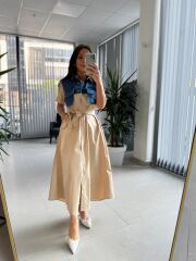 Dr 8268 Denim Cep Detaylı Bej Poplin Gömlek Elbise