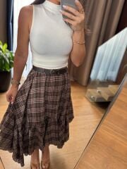 Rn 37222 Asimetrik Ekoseli Kemerli Kahve Etek