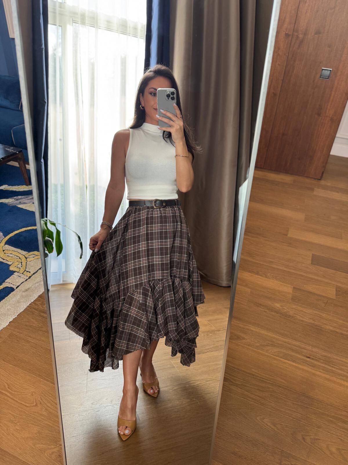 Rn 37222 Asimetrik Ekoseli Kemerli Kahve Etek