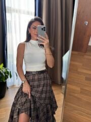 Rn 37222 Asimetrik Ekoseli Kemerli Kahve Etek