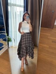 Rn 37222 Asimetrik Ekoseli Kemerli Kahve Etek