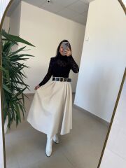 Ny 3052 Bej Dantel Ve Deri Birleşimi Elbise