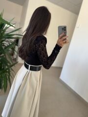 Ny 3052 Bej Dantel Ve Deri Birleşimi Elbise