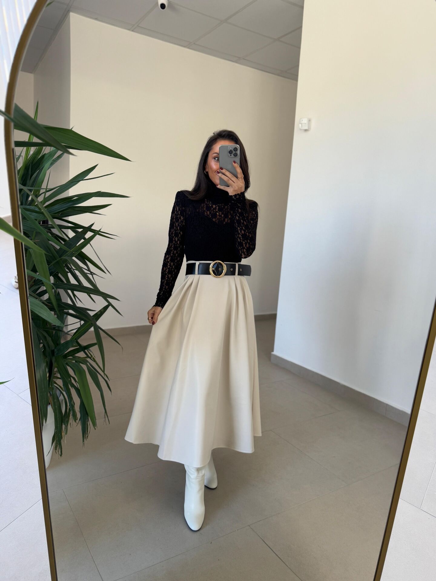 Ny 3052 Bej Dantel Ve Deri Birleşimi Elbise