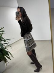 Mc 7096 Ekose Kahve Korsajlı Mini Etek