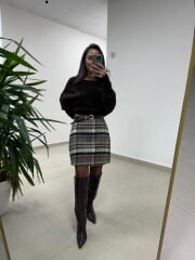 Mc 7096 Ekose Kahve Korsajlı Mini Etek