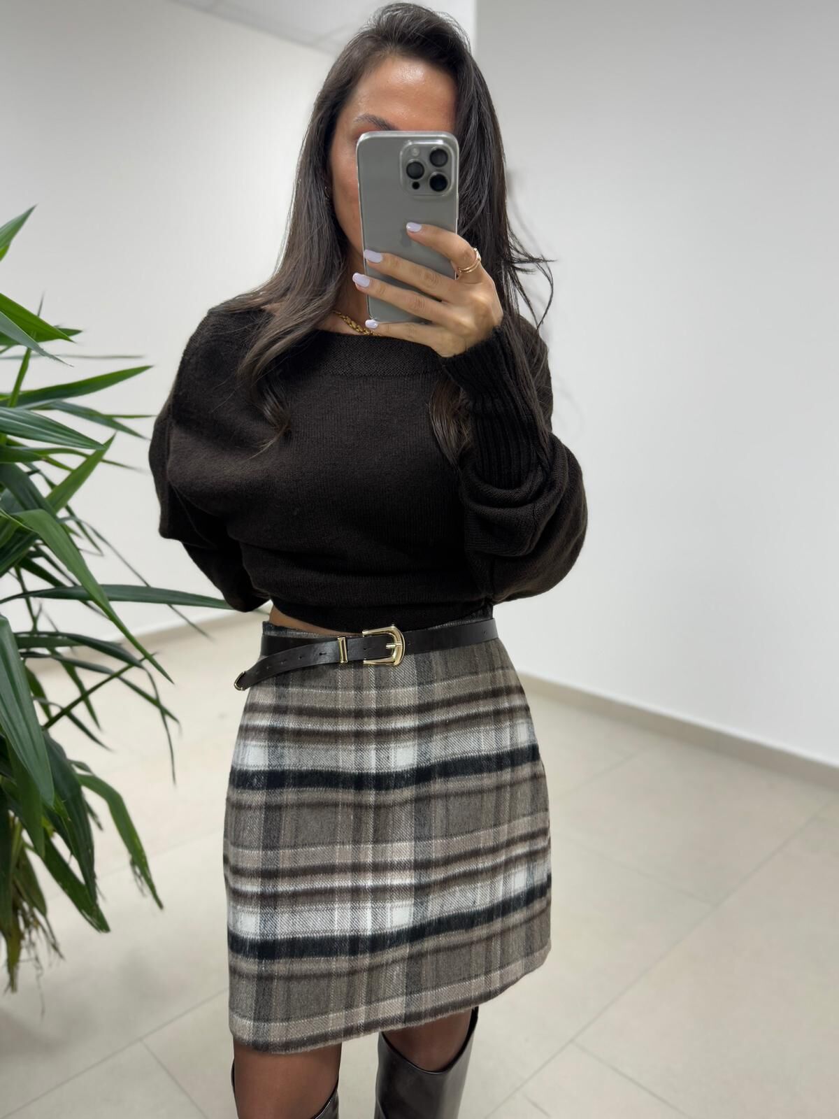 Mc 7096 Ekose Kahve Korsajlı Mini Etek