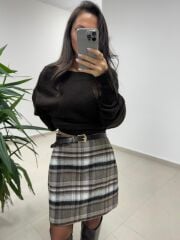 Mc 7096 Ekose Kahve Korsajlı Mini Etek