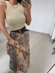 Fp 3374 Baskı Detaylı Yeşil Maksi Etek