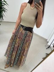 Fp 3374 Baskı Detaylı Yeşil Maksi Etek