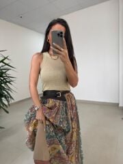 Fp 3374 Baskı Detaylı Yeşil Maksi Etek