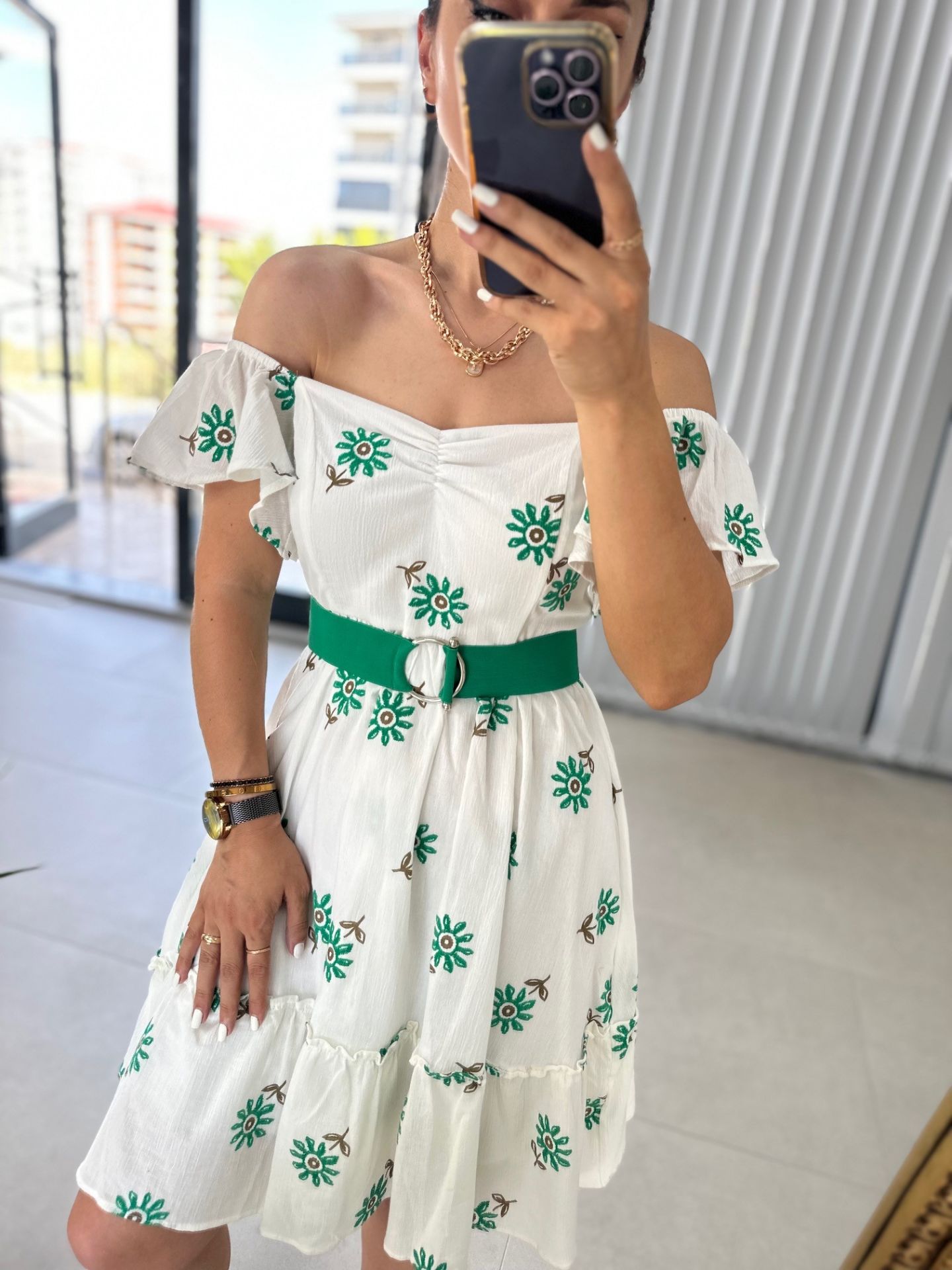 My 3163 Green Embroidered Crinkle Dress