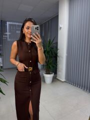 My 3720 Marka Model Kahve Gold Düğmeli Kalem Elbise