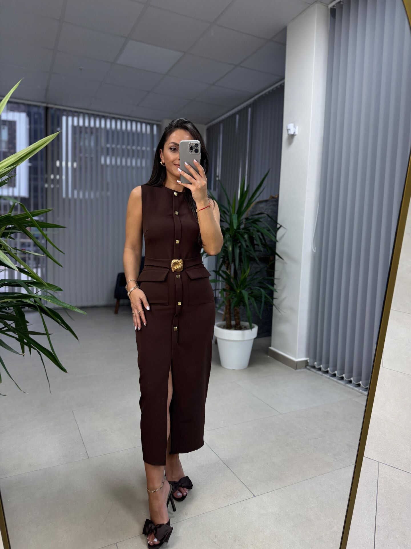 My 3720 Marka Model Kahve Gold Düğmeli Kalem Elbise