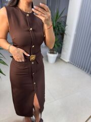 My 3720 Marka Model Kahve Gold Düğmeli Kalem Elbise