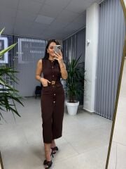 My 3720 Marka Model Kahve Gold Düğmeli Kalem Elbise