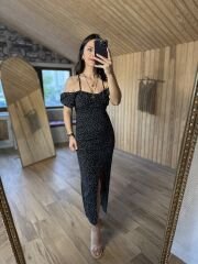 My 3167 Siyah puanlı dekolteli elbise