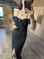 My 3167 Siyah puanlı dekolteli elbise