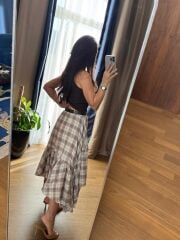 Rn 37222 Asimetrik Ekoseli Kemerli Ekru Etek