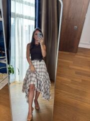 Rn 37222 Asimetrik Ekoseli Kemerli Ekru Etek