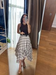 Rn 37222 Asimetrik Ekoseli Kemerli Ekru Etek