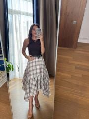 Rn 37222 Asimetrik Ekoseli Kemerli Ekru Etek