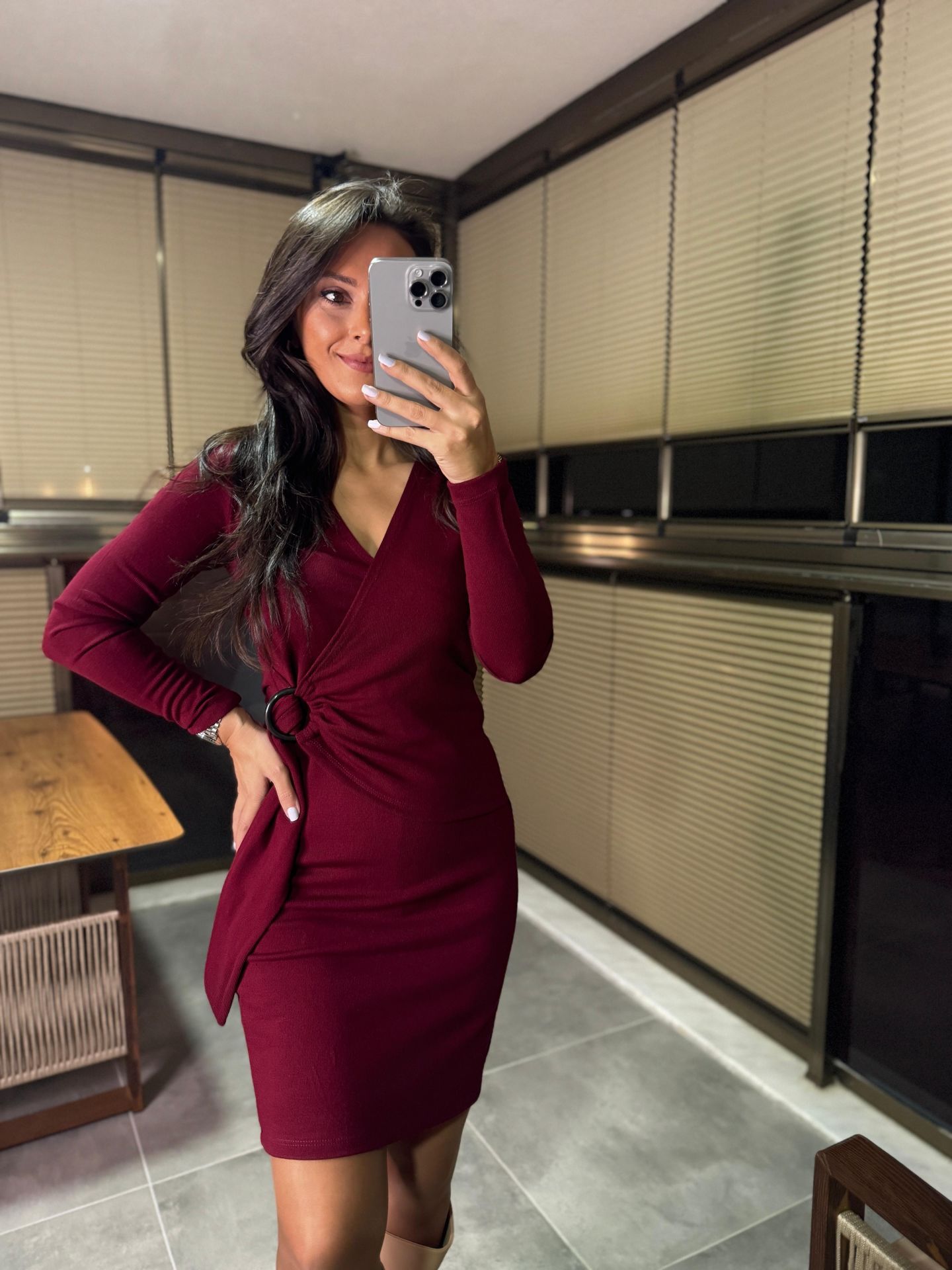 Mc 5900 Kruvaze Toka Detaylı Bordo Triko Elbise