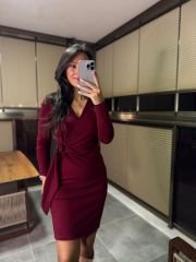 Mc 5900 Kruvaze Toka Detaylı Bordo Triko Elbise