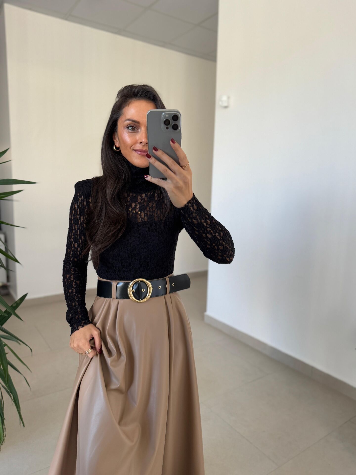 Ny 3052 Vizon Dantel Ve Deri Birleşimi Elbise