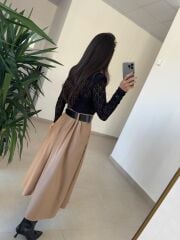 Ny 3052 Vizon Dantel Ve Deri Birleşimi Elbise