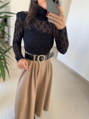 Ny 3052 Vizon Dantel Ve Deri Birleşimi Elbise