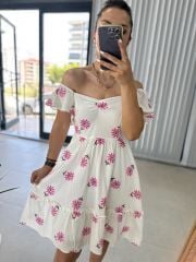 My 3163 Pembe Nakışlı Krinkıl Elbise