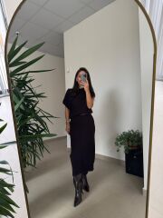 Dv 90256 A.Kahve Kemerli Triko Elbise