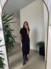 Dv 90256 A.Kahve Kemerli Triko Elbise