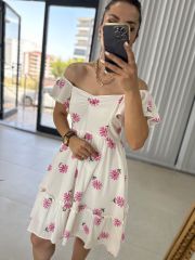 My 3163 Pembe Nakışlı Krinkıl Elbise
