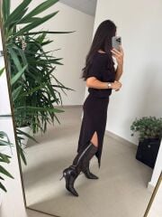 Dv 90256 A.Kahve Kemerli Triko Elbise