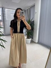 Dr 8280 Tasarım Siyah-Bej Gold Tokalı Elbise