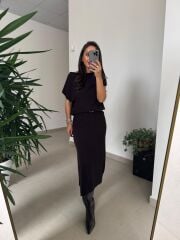 Dv 90256 A.Kahve Kemerli Triko Elbise