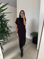 Dv 90256 A.Kahve Kemerli Triko Elbise