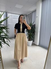 Dr 8280 Tasarım Siyah-Bej Gold Tokalı Elbise