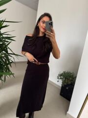 Dv 90256 A.Kahve Kemerli Triko Elbise