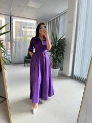 Dr 8441 Tasarım Mor Pile Detaylı Poplin Gömlek Elbise