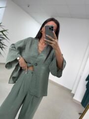 Fp 51173 Tensel Tek Düğmeli Çağla Yeşili Pantolon Takım