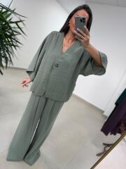 Fp 51173 Tensel Tek Düğmeli Çağla Yeşili Pantolon Takım