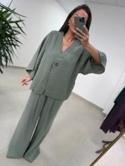 Fp 51173 Tensel Tek Düğmeli Çağla Yeşili Pantolon Takım