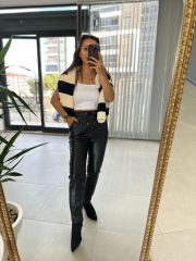 Siyah Çimalı Deri Pantolon