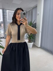 Dr 8280 Tasarım Bej-Siyah Gold Tokalı Elbise